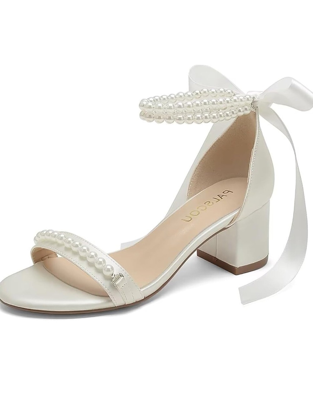 Pearl-Trim White Block Heel Sandals with Ankle Ribbon